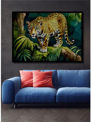 Çerçeve Görünümlü Tropikal Ormanlarda Jaguar Sulu Boya Görünümlü Dekoratif Ahşap Ofis Kare Tablo