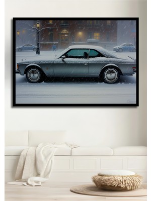 Çerçeve Görünümlü Kış Rüyası Lüks Otomobil Yağlı Boya Görünümlü Dekoratif Ahşap Ofis Kare Tablo