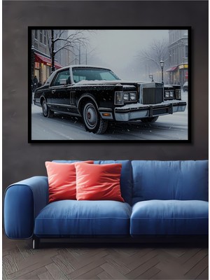 Çerçeve Görünümlü Kar Altında Lincoln Continental Yağlı Boya Görünümlü Ahşap Ofis Kare Tablo