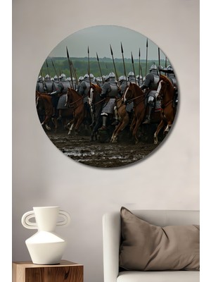 Zırhlı Süvariler Yağlı Boya Görünümlü Dekoratif Ahşap Ev/işyeri/ofis Yuvarlak Tablo