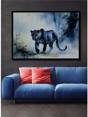 Çerçeve Görünümlü Mavi Jaguarın Sulu Boya Görünümlü Orman Serüveni Salon Ahşap Kare Tablo