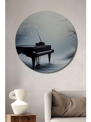 Piyano ve Ağaçların Melodisi Yağlı Boya Görünümlü Dekoratif Ahşap Ev/işyeri/ofis Yuvarlak Tablo