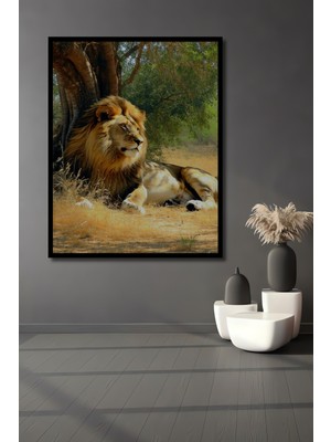 Çerçeve Görünümlü Ormanın Kralı Aslan Yağlı Boya Görünümlü Dekoratif Ahşap Işyeri/ofis Kare Tablo