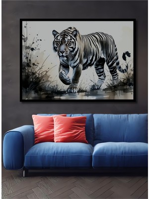 Çerçeve Görünümlü Beyaz Bengal Kaplanı Sulu Boya Görünümlü Dekoratif Ahşap Işyeri/ofis Kare Tablo