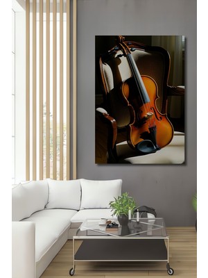 Yağlı Boya Görünümlü Keman ve Klasik Sandalye Ev/işyeri/ofis Dekoratif Ahşap Kare Tablosu