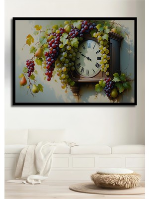Çerçeve Görünümlü Üzüm ve Armutlu Antika Saat Yağlı Boya Görünümlü Dekoratif Ahşap Ofis Kare Tablo