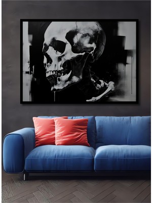 Çerçeve Görünümlü Siyah Beyaz Grunge Kafatası Yağlı Boya Görünümlü Dekoratif Ahşap Ofis Kare Tablo