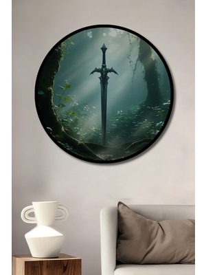 Çerçeve Görünümlü Ormanın Kalbinde Kılıç Yağlı Boya Görünümlü Ofis Dekoratif Ahşap Yuvarlak Tablo