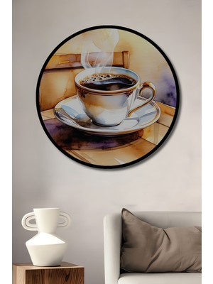 Çerçeve Görünümlü Dumanı Tüten Kahve Keyfi Sulu Boya Görünümlü Dekoratif Ahşap Ofis Yuvarlak Tablo