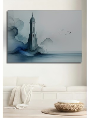 Sulu Boya Görünümlü Masalsı Şato Dekoratif Ahşap Ev/işyeri/ofis Kare Tablo