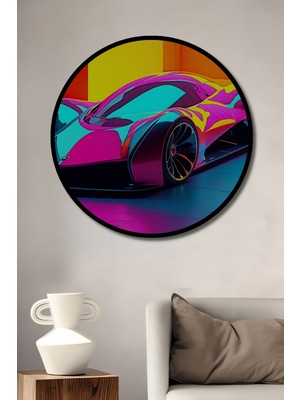 Çerçeve Görünümlü Fütüristik Neon Araba Modern Sanat Yağlı Boya Görünümlü Ahşap Ofis Tablo