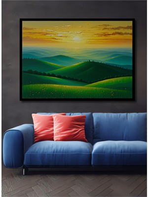 Çerçeve Görünümlü Altın Şafak Yağlı Boya Görünümlü Yeşil Tepe Manzarası Salon Ahşap Tablo