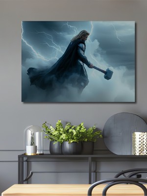 Thor Fırtına Tanrısı Yağlı Boya Görünümlü Dekoratif Ahşap Ev/işyeri/ofis Kare Tablo
