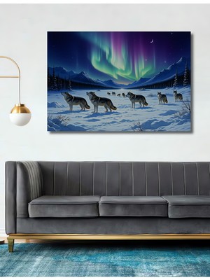 Kuzey Işıkları Altında Uluyan Kurtlar Yağlı Boya Görünümlü Dekoratif Ahşap Ev/işyeri/ofis Tablo