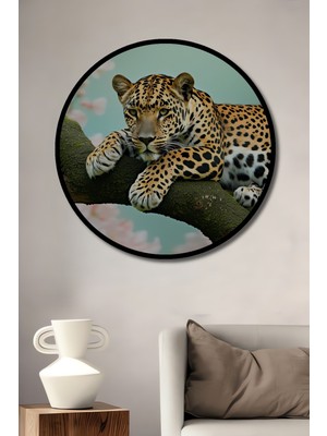 Çerçeve Görünümlü Dal Üzerinde Leopar Yağlı Boya Görünümlü Dekoratif Ahşap Ofis Yuvarlak Tablo