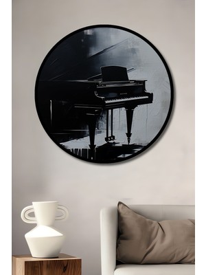 Çerçeve Görünümlü Siyah Beyaz Piyano Yağlı Boya Görünümlü Modern Sanat Ofis Ahşap Yuvarlak Tablo