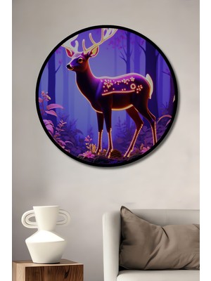 Çerçeve Görünümlü Neon Işıklı Geyik Yağlı Boya Görünümlü Dekoratif Ahşap Işyeri/ofis Yuvarlak Tablo