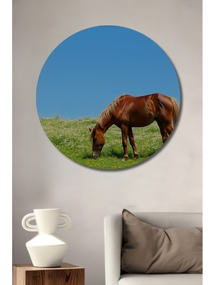 Çiçek Bahçesinde Otlayan At Yağlı Boya Görünümlü Dekoratif Ahşap Ev/işyeri/ofis Yuvarlak Tablo