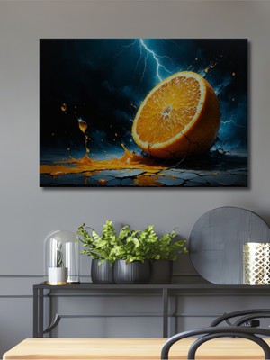 Şimşekli Gökyüzünde Portakal Yağlı Boya Görünümlü Dekoratif Ahşap Ev/işyeri/ofis Kare Tablo