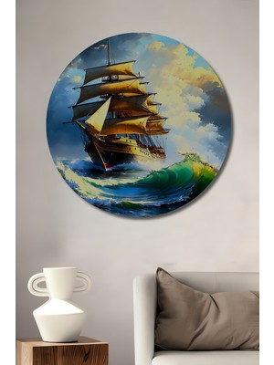 Altın Yelkenli Fırtına Yağlı Boya Görünümlü Dekoratif Ahşap Ev/işyeri/ofis Yuvarlak Tablo