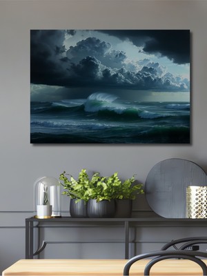 Fırtına Öncesi Deniz Manzarası Yağlı Boya Görünümlü Dekoratif Ahşap Ev/işyeri/ofis Kare Tablo