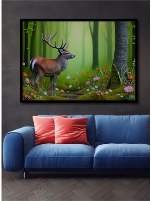 Çerçeve Görünümlü Orman Esintili Geyik Yağlı Boya Görünümlü Dekoratif Ahşap Işyeri/ofis Kare Tablo