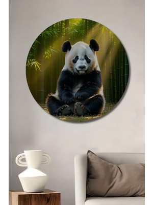 Bambu Ormanında Sevimli Panda Yağlı Boya Görünümlü Dekoratif Ahşap Ev/işyeri/ofis Yuvarlak Tablo