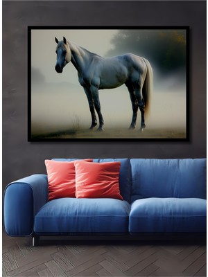 Çerçeve Görünümlü Dumanlı Beyaz At Yağlı Boya Görünümlü Dekoratif Ahşap Ev/işyeri/ofis Kare Tablo