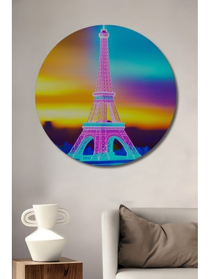 Neon Işıklar Altında Eyfel Kulesi Sanat Ev/işyeri/ofis Dekoratif Ahşap Yuvarlak Tablosu