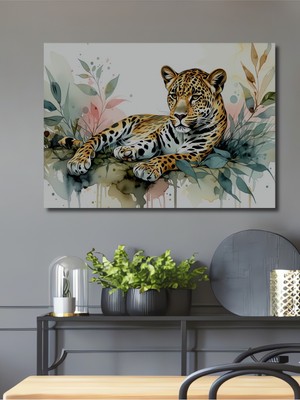 Sulu Boya Görünümlü Leopar Dekoratif Ahşap Ev/işyeri/ofis Kare Tablo Harikası