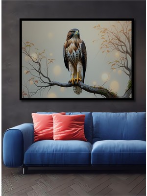 Çerçeve Görünümlü Ağaç Dalında Yağlı Boya Görünümlü Şahin Işyeri/ofis Dekoratif Ahşap Kare Tablosu