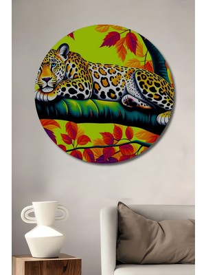 Tropikal Leopar Rüyası Yağlı Boya Görünümlü Dekoratif Ahşap Ev/işyeri/ofis Yuvarlak Tablo
