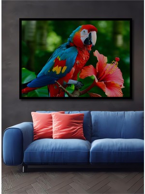 Çerçeve Görünümlü Tropikal Papağan ve Hibiskus Çiçeği Yağlı Boya Görünümlü Ofis Ahşap Kare Tablo