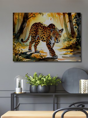 Ormanda Sulu Boya Görünümlü Jaguar Ev/işyeri/ofis Dekoratif Ahşap Kare Tablosu