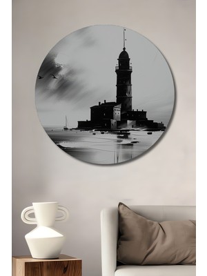 Siyah Beyaz Kız Kulesi Yağlı Boya Görünümlü Dekoratif Ahşap Ev/işyeri/ofis Yuvarlak Tablo