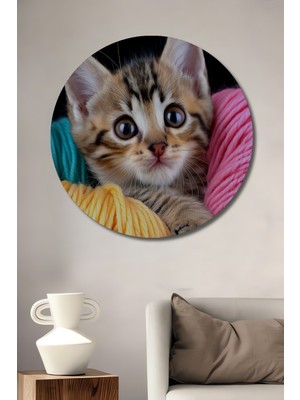 Yumak Içinde Sevimli Kedi Yavrusu Yağlı Boya Görünümlü Dekoratif Ahşap Ev/işyeri/ofis Tablo