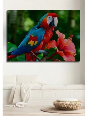 Tropikal Papağan ve Hibiskus Çiçeği Yağlı Boya Görünümlü Ev/işyeri/ofis Dekoratif Ahşap Kare Tablo
