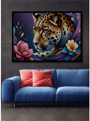Çerçeve Görünümlü Çiçeklerle Dans Eden Leopar Yağlı Boya Görünümlü Ofis Dekoratif Ahşap Kare Tablo