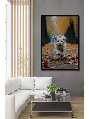 Çerçeve Görünümlü Sonbahar Neşesi Köpek Yağlı Boya Görünümlü Işyeri/ofis Dekoratif Ahşap Kare Tablo