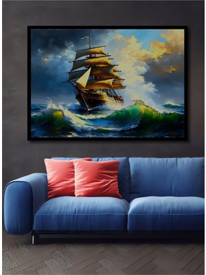 Çerçeve Görünümlü Altın Yelkenli Fırtına Yağlı Boya Görünümlü Dekoratif Ahşap Ofis Kare Tablo