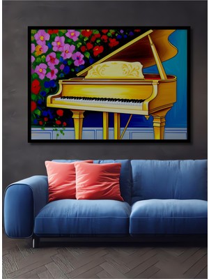 Çerçeve Görünümlü Altın Sarısı Piyano ve Çiçek Bahçesi Yağlı Boya Görünümlü Ofis Ahşap Kare Tablo