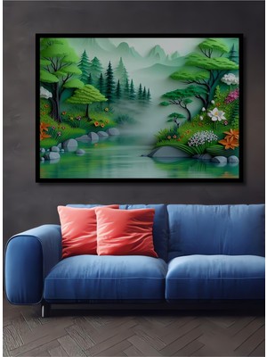 Çerçeve Görünümlü Yeşil Huzurlu Göl Manzarası Kağıt Sanatı Dekoratif Ahşap Işyeri/ofis Kare Tablo