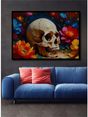 Çerçeve Görünümlü Çiçekler Arasında Kafatası Yağlı Boya Görünümlü Ofis Dekoratif Ahşap Kare Tablo