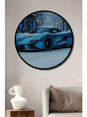 Çerçeve Görünümlü Karda Modern Mavi Süper Araba Yağlı Boya Görünümlü Ahşap Ofis Yuvarlak Tablo