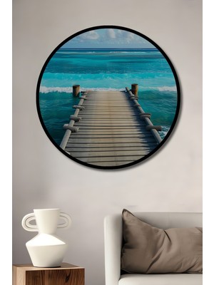 Çerçeve Görünümlü Turkuaz Deniz Ahşap Iskele Manzarası Salon Ahşap Yuvarlak Tablo