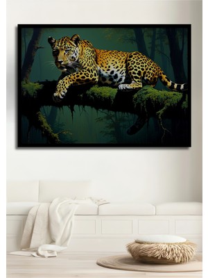 Çerçeve Görünümlü Ormanda Yağlı Boya Görünümlü Leopar Ev/işyeri/ofis Dekoratif Ahşap Kare Tablosu