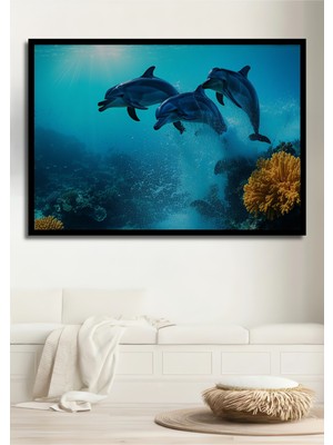 Çerçeve Görünümlü Denizaltı Dünyası Yunuslar Yağlı Boya Görünümlü Dekoratif Ahşap Ofis Kare Tablo