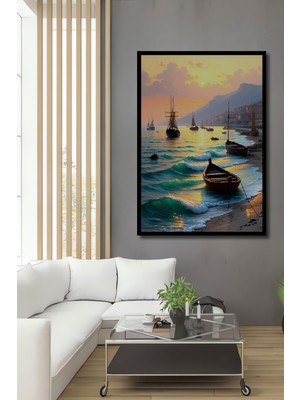 Çerçeve Görünümlü Altın Işıklar Altında Deniz Manzarası Yağlı Boya Görünümlü Ahşap Ofis Tablo