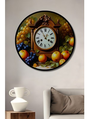 Çerçeve Görünümlü Meyve Şöleni ve Nostaljik Saat Yağlı Boya Görünümlü Ahşap Ofis Yuvarlak Tablo