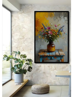 Çerçeve Görünümlü Vazoda Renkli Kır Çiçekleri Yağlı Boya Görünümlü Dekoratif Ahşap Ofis Kare Tablo